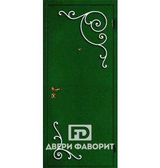 стальная дверь в коттедж с цинкогрунтом зелёного цвета и коваными элементами