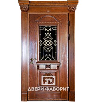 стальная дверь с ковкой и стеклопакетом, отделка массив дерева, один замок